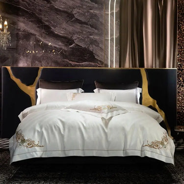 White Gold Satin Jacquard Egyptian Cotton 1200TC Luxury Gold Embroidery Duvet Cover Bedding Set